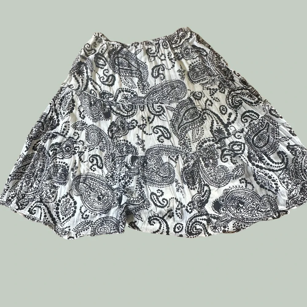 Tiered Paisley Cotton Midi Skirt Boho Flowy Bobbie Brooks Black White 2X